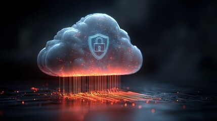 Glowing cloud cyber security data protection digital lock secure network technology futuristic encryption safety internet represent secure digital cloud with lock symbol glowing lines and dark
