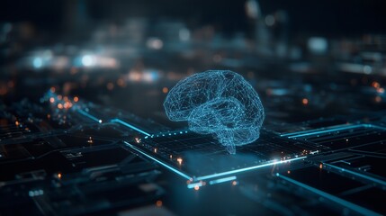 Futuristic neon cyan wireframe brain floats above dark mode circuit board, glowing nodes and lines create digital blueprint aesthetic, evoking innovation and intelligence