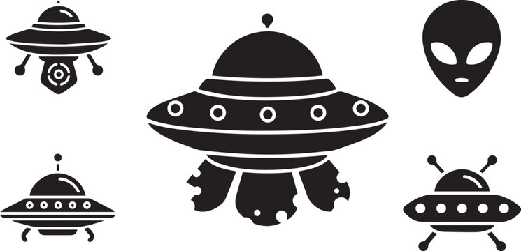 Retro futuristic flying saucers and alien head silhouettes for cosmic science fiction themes