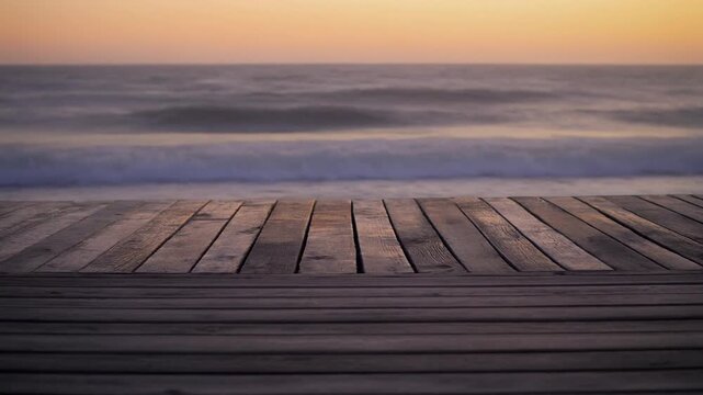 Ultra realistic wooden deck facing a calm ocean horizon during soft sunrise or sunset creating a peaceful minimalist seascape atmosphere for nature and lifestyle visuals