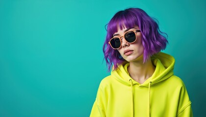 Young woman with vibrant purple hair wears neon yellow hoodie and sunglasses. She has attitude against a teal backdrop. Modern style and youth culture.