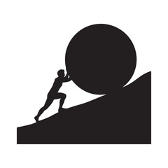 A silhouette of a person struggling to push a large boulder uphill © Sakender