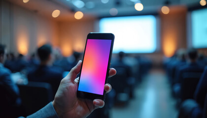 Hand holds smartphone with vibrant screen at business conference. Blurred audience watches presentation on projector screen. Modern tech event, digital communication.
