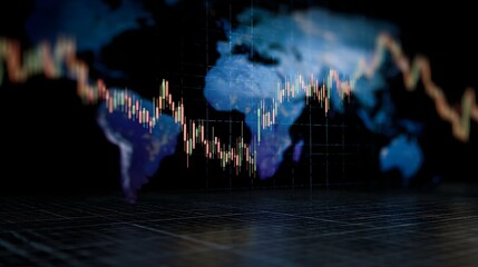 Global financial markets visualized with fluctuating charts on a world map background
