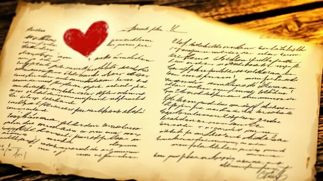 Handwritten letter with red heart drawing on aged paper texture