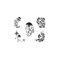 collection of 5 ornate floral ornaments, solid black fill, vector, white background