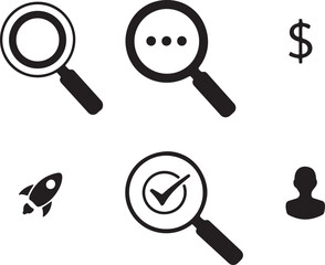 Set of six black and white icons representing search, finance, speed, and user profile for web design and business concepts