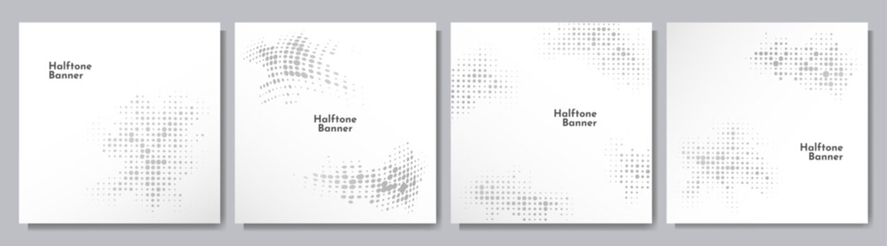 Vector illustration. Set of gray color halftone dots banners. Dotted spots pattern texture isolated on white background. Design elements for social media, web banner, blog post