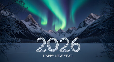 Spectacular Northern Lights Over Snowy Mountain Landscape for New Year 2026.
