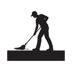 A silhouette of a man cleaning a floor with a mop and bucket © Sakender