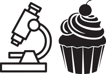 Microscope and cupcake icon set science and baking symbols in black and white outline style