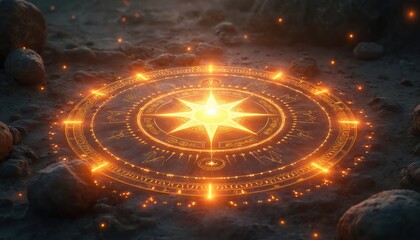 Obraz premium Glowing mystical circle with bright star center radiates divine energy on dark ground with rocks. Ancient symbols adorn magical arcane portal emitting warm orange light, summoning cosmic power for