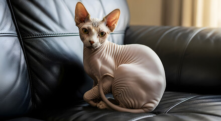 Sphynx Cat Sitting on Black Leather Couch.
