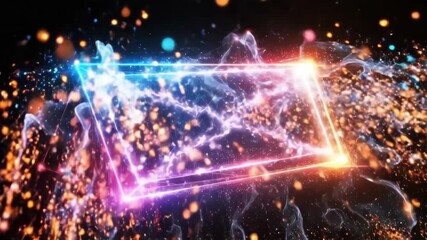 Vibrant neon geometric frame with dynamic light effects on black background. Black Friday sale