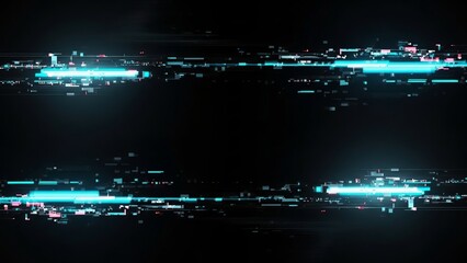 Glowing blue cityscape at night with distorted digital effects