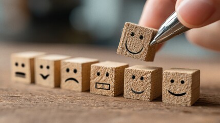 Hand with pencil completing customer satisfaction survey, marking unhappy emotion, providing feedback for loyalty and improving customer experience