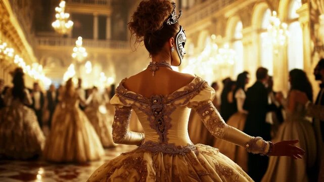 A beautifully lit carnival ball with participants in elegant Venetian masks and costumes dancing in a grand historic hall. Carnival in Venice. Banner