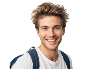 Young man smiling with backpack isolated on transparent background