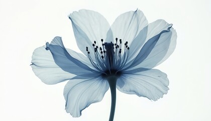 Close up of blue flower bloom with translucent petals. Intricate stamens and pistil visible from below. Soft light highlights delicate botanical structure.