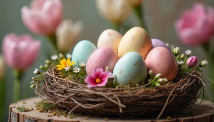 Pastel colored easter eggs sit in a rustic nest with spring flowers. Natural bird nest decorated with green moss, small blossoms, and blooming tulips in soft pastel colors.