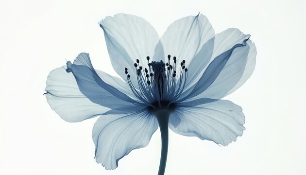 Close up of blue flower bloom with translucent petals. Intricate stamens and pistil visible from below. Soft light highlights delicate botanical structure.