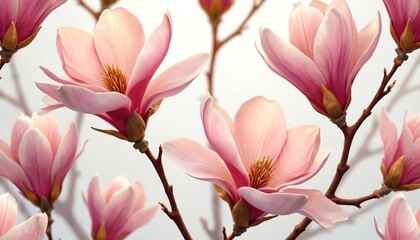 Fototapeta premium Delicate pink magnolia flowers bloom on branches. Soft light falls on petals creating dreamy mood. Elegant floral pattern repeats for background. Beauty and nature theme.