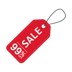 Sale label. Red price tag with a 99% discount. Sale symbol. To attract customer attention. Promotions and discounts. Cheaper than the regular price. Great buy. Special price offer.