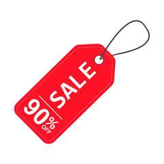 Sale label. Red price tag with a 90% discount. Sale symbol. To attract customer attention. Promotions and discounts. Cheaper than the regular price. Great buy. Special price offer.