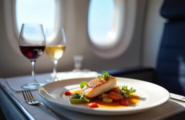 Gourmet fish meal served with vegetables sauce on white plate with two wine glasses. Enjoy fine dining, first class travel, onboard airplane service with window view.