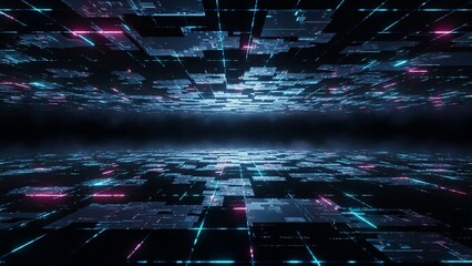 Futuristic digital landscape with neon lights and cyberpunk elements