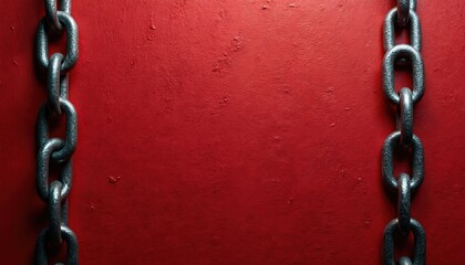 Metal chains on red textured wall. Strong industrial background with grunge surface, rough details, and weathered look. Empty space for text overlay.