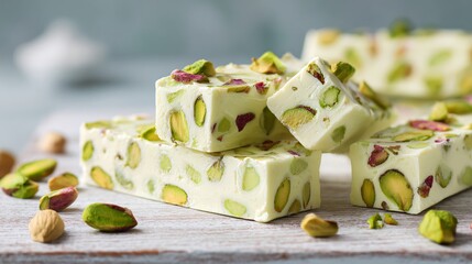 Clean arrangement of pistachio nougat bars on pale eucalyptus surface