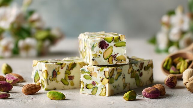 Clean arrangement of pistachio nougat bars on pale eucalyptus surface