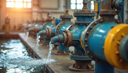 Industrial pumps move water through large pipes in a water treatment facility. Old machinery operates using a fluid process. Clean water is essential for public health and safety.