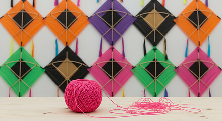 Image is a vibrant and colorful photograph featuring a collection of kites arranged in a grid-like pattern on a wall. The kites are of various colors, including orange, purple, black, green, and pink,