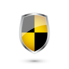 Glossy shield with yellow and black pattern. Security and protection concept. Cyber safety icons, internet privacy, web defense, digital data protection and antivirus themes. Vector illustration