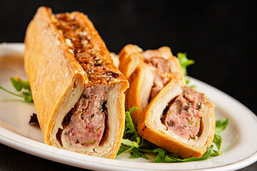 pate en crout in pastry natural baking healthy food main course ingredient appetizer fresh tasty table setting gourmet food background on the table rustic food top view 