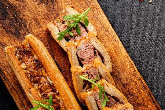 pate en crout in pastry natural baking healthy food main course ingredient appetizer fresh tasty table setting gourmet food background on the table rustic food top view copy space