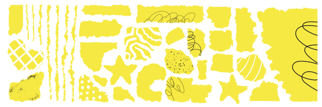 Collection of yellow ripped fragments with irregular borders and textured edges. Cutout elements for scrapbooking, sticker designs, retro posters and creative mixed media artwork.