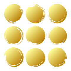 Golden grunge circles, brush strokes, lines, ink smudges, hand-drawn scribble shapes. Handmade sketchy marks, acrylic stains, charcoal streaks. Paint textures, dry brush effect. Vector illustration