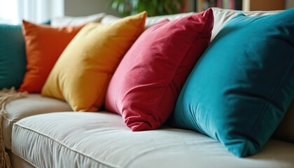 Bright, colorful velvet throw pillows arranged on a neutral sofa, adding comfort and style to a modern living space. Plush cushions create a cozy atmosphere.