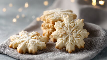 Clean layout of buttery Christmas biscuits with almond flakes on soft grey linen
