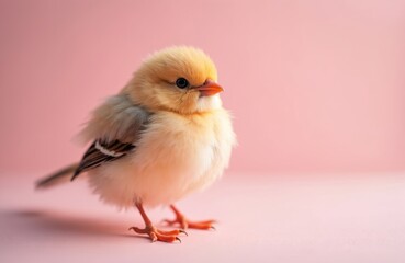 Obraz premium Fluffy small peach colored bird with orange beak stands on pink surface. Cute avian creature with soft feathers poses against pastel background. Minimal studio shot.