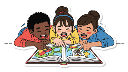 Three diverse children enthusiastically pointing at a colorful world map in an open book, sparking curiosity and discovery