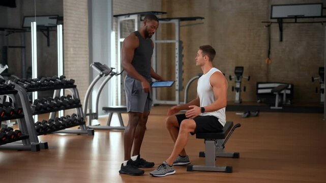 Fitness trainer discussing training program with client in a modern gym setting. They are engaged in a session, with weights and exercise equipment visible in the background Stock Video