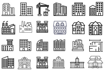 City building outline icons vector set
