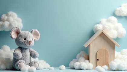 Plush grey mouse toy sits near tiny wooden house in soft white clouds against pale blue sky. Gentle, sweet scene perfect for nursery decor or baby announcements, symbolizing new beginnings.
