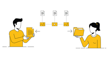Flat illustration of file sharing and data transfer between two people