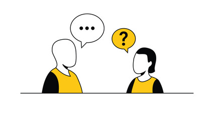 Minimalist illustration of two faceless people communicating with speech bubbles