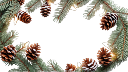 Holiday border of fir branches, pine cones and glowing string lights isolated on white. PNG